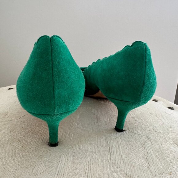 OSCAR De La RENTA Scala Scalloped Suede Green Shoes Pumps w Bow Kitten Heel 37 - Picture 7 of 7